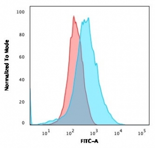 CD15 Antibody U937 FACS. Flow cytometry analysis of human U937 cells stained with CD15 Antibody demonstrates a pronounced right-shifted fluorescence population relative to the isotype control, consistent with cell surface expression of CD15 / Lewis X antigen in myeloid-associated leukemic cells. This leukocyte differentiation antigen antibody supports characterization of myeloid differentiation status and leukocyte-associated glycosylation pathways in hematopoietic cell populations. Blue=CD15 antibody, Red=isotype control.