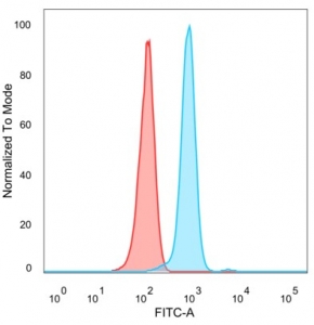 Flow cytometry testing of PFA-fixed human HeLa cells with FOXP4 antibody (clone PCRP-FOXP4-1G7) followed by goat anti-mouse IgG-CF488 (blue); Red = unstained cells.