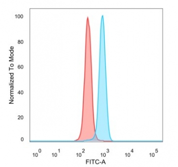 SKIP Antibody HeLa FACS. Flow cytometry analysis of PFA-fixed human HeLa cells stained with SKIP Antibody / Transcriptional Coregulator Protein clone PCRP-SNW1-2A1 followed by goat anti-mouse IgG-CF488. Blue histogram represents SKIP antibody staining, while red indicates unstained control cells. The distinct fluorescence shift supports detection of endogenous Ski-interacting protein / SNW1 expression in human HeLa cells, consistent with the broad cellular distribution reported for this signaling-associated transcriptional coregulator.