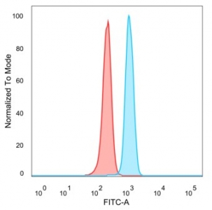 Interferon Regulatory Factor 3 Antibody HeLa FACS. Flow cytometry analysis of PFA-fixed human HeLa cells stained with Interferon Regulatory Factor 3 Antibody demonstrates a distinct right-shifted fluorescence population relative to unstained cells, consistent with IRF3-associated antiviral signaling and interferon regulatory pathway expression. This antiviral response protein antibody supports characterization of innate immune-associated transcriptional regulatory proteins in epithelial-derived cells. Blue=IRF3 antibody, Red=unstained cells.