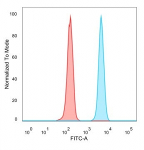 Flow cytometry testing of PFA-fixed human HeLa cells with CEBPZ antibody (clone PCRP-CEBPZ-2D8) followed by goat anti-mouse IgG-CF488 (blue); Red = unstained cells.