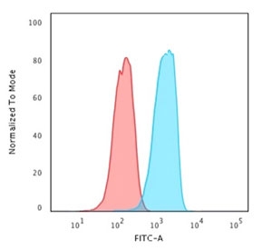Flow cytometry testing of human MCF7 cells with HER2 antibody (clone 2KRI7); Red=isotype control, Blue= HER2 antibody.