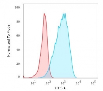 Flow cytometry testing of human Raji cells with recombinant HLA-DPB1 antibody; Red=isotype control, Blue= recombinant HLA-DPB1 antibody.