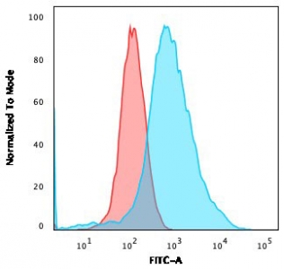 Estrogen Receptor alpha Antibody MCF7 Cell FACS. Flow cytometry testing of fixed and permeabilized human MCF-7 cells with Estrogen Receptor alpha antibody (clone ESR1/3557); Red=isotype control, Blue= Estrogen Receptor alpha antibody.