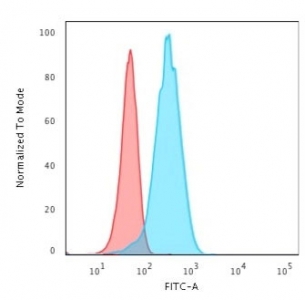 UCHL1 Antibody for FACS. Flow cytometry analysis of UCHL1 / PGP9.5 in human T98G cells. Permeabilized human T98G cells stained with UCHL1 Antibody for FACS, also known as PGP9.5 Flow Cytometry Antibody and Ubiquitin C-terminal hydrolase L1 antibody, show a pronounced rightward shift in fluorescence intensity (blue) compared to isotype control (red), indicating specific intracellular detection of UCHL1. The clear separation between populations supports accurate gating of UCHL1-positive cells and consistent fluorescence signal distribution for quantitative analysis. Clone rUBCE-L1 antibody demonstrates strong intracellular signal with low background, enabling reliable discrimination of expressing versus non-expressing cell populations.