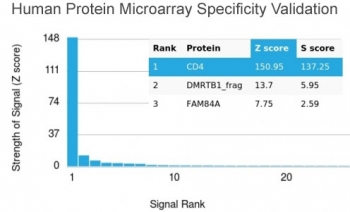 CD4 Antibody Microarray Validation. Analysis of protein microarray specificity testing using a human protein microarray containing thousands of full-length proteins demonstrates that CD4 is the top-ranked target with a markedly elevated signal intensity, indicating strong target enrichment relative to all other proteins on the array. The high Z score and S score reflect both signal strength and clear separation from non-specific interactions, supporting selective target recognition and minimal cross-reactivity of this CD4 antibody across complex protein environments.