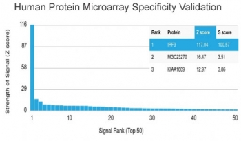 IRF3 Antibody HuProt Microarray Validation. Analysis of HuProt(TM) microarray containing more than 19,000 full-length human proteins using IRF3 Antibody demonstrates highly selective recognition of IRF3 with exceptionally strong separation from non-target proteins across the tested human proteome. These results demonstrate the foremost specificity of the PCRP-IRF3-6C8 mAb and support highly specific detection of innate immune-associated signaling pathways and interferon regulatory proteins. The Z-score represents the strength of antibody binding signal relative to the overall array mean, while the S-score reflects target specificity relative to the next highest ranked protein signal. The markedly elevated S-score separation observed for IRF3 supports preferential target recognition with minimal off-target binding across the tested human proteome.