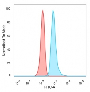 FACS staining of PFA-fixed human HeLa cells with RHOXF2 antibody (blue, clone PCRP-RHOXF2-1D7), and unstained cells (red).