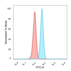 AGO3 Antibody HeLa FACS. Flow cytometry analysis of PFA-fixed human HeLa cells stained with AGO3 antibody detecting Argonaute 3, clone PCRP-AGO3-1C5. The antibody signal (blue) shows a clear rightward shift compared to the isotype control (red), indicating positive intracellular detection of AGO3 following fixation and permeabilization. This pattern is consistent with AGO3 localization as a cytoplasmic and nucleoplasmic component of RNA silencing and RISC-associated complexes.