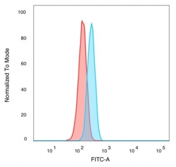 FACS staining of PFA-fixed human HeLa cells with Bcl6 antibody (blue, clone PCRP-BCL6-1E2), and unstained cells (red).