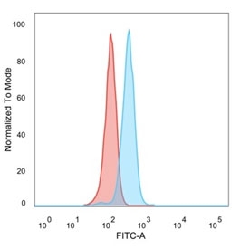 FACS staining of PFA-fixed human HeLa cells with HDAC1 antibody (blue, clone PCRP-HDAC1-1B7) and isotype control (red).