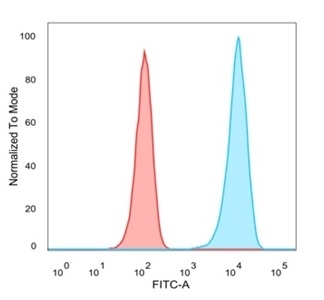 FACS staining of PFA-fixed human MCF-7 cells with LTF antibody (blue, clone LTF/4073) and isotype control (red)