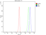 NEK7 Antibody 293T Cell FACS. Flow cytometry testing of human 293T cells with NEK7 Antibody at 1 ug/million cells. Cells were fixed with 4% paraformaldehyde, permeabilized and blocked with 10% normal goat serum prior to intracellular staining. DyLight 488 conjugated goat anti-rabbit IgG was used as the secondary antibody. Red histogram represents blank control, green represents isotype control and blue represents NEK7 antibody staining. NEK7 Antibody / Inflammasome Activation Protein Antibody demonstrates detection of NIMA Related Kinase 7 expression and supports studies of NLRP3 inflammasome activation, innate immune signaling and cell cycle regulation pathways.