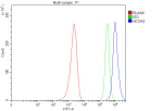 Flow Cytometry analysis of MCF-7 cells using anti-NCOA2 antibody. Overlay histogram showing MCF-7 cells stained with (Blue line). To facilitate intracellular staining, cells were fixed with 4% paraformaldehyde and permeabilized with permeabilization buffer. The cells were blocked with 10% normal goat serum. And then incubated with rabbit anti-NCOA2 antibody (1 ug/million cells) for 30 min at 20oC. DyLight 488 conjugated goat anti-rabbit IgG (5-10 ug/million cells) was used as secondary antibody for 30 minutes at 20oC. Isotype control antibody (Green line) was rabbit IgG (1 ug/million cells) used under the same conditions. Unlabelled sample without incubation with primary antibody and secondary antibody (Red line) was used as a blank control.