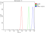 Flow Cytometry analysis of K562 cells using anti-OARD1 antibody. Overlay histogram showing K562 cells stained with (Blue line). To facilitate intracellular staining, cells were fixed with 4% paraformaldehyde and permeabilized with permeabilization buffer. The cells were blocked with 10% normal goat serum. And then incubated with rabbit anti-OARD1 antibody (1 ug/million cells) for 30 min at 20oC. DyLight 488 conjugated goat anti-rabbit IgG (5-10 ug/million cells) was used as secondary antibody for 30 minutes at 20oC. Isotype control antibody (Green line) was rabbit IgG (1 ug/million cells) used under the same conditions. Unlabelled sample without incubation with primary antibody and secondary antibody (Red line) was used as a blank control.