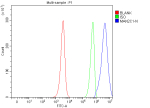Flow Cytometry analysis of JK cells using anti-MAN2C1 antibody. Overlay histogram showing JK cells stained with (Blue line). To facilitate intracellular staining, cells were fixed with 4% paraformaldehyde and permeabilized with permeabilization buffer. The cells were blocked with 10% normal goat serum. And then incubated with rabbit anti-MAN2C1 antibody (1 ug/million cells) for 30 min at 20oC. DyLight 488 conjugated goat anti-rabbit IgG (5-10 ug/million cells) was used as secondary antibody for 30 minutes at 20oC. Isotype control antibody (Green line) was rabbit IgG (1 ug/million cells) used under the same conditions. Unlabelled sample (Red line) was also used as a control.
