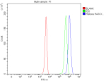 Histone H4 Antibody 293T FACS. Flow cytometry analysis of human 293T cells using Histone H4 antibody. The Histone H4-stained population (blue) demonstrates a clear positive fluorescence shift relative to the rabbit IgG isotype control (green) and unstained blank control (red), consistent with detection of this highly conserved nuclear nucleosome protein. Cells were fixed with 4% paraformaldehyde and permeabilized prior to intracellular staining to enable antibody access to chromatin-associated HIST1H4 family proteins. The observed signal pattern aligns with the widespread nuclear expression and chromatin localization expected for core histone H4 proteins.