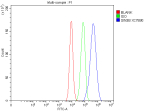 Flow Cytometry analysis of Caco-2 cells using anti-SIN3B antibody. Overlay histogram showing Caco-2 cells stained with (Blue line). To facilitate intracellular staining, cells were fixed with 4% paraformaldehyde and permeabilized with permeabilization buffer. The cells were blocked with 10% normal goat serum. And then incubated with rabbit anti-SIN3B antibody (1 ug/million cells) for 30 min at 20oC. DyLight 488 conjugated goat anti-rabbit IgG (5-10 ug/million cells) was used as secondary antibody for 30 minutes at 20oC. Isotype control antibody (Green line) was rabbit IgG (1 ug/million cells) used under the same conditions. Unlabelled sample without incubation with primary antibody and secondary antibody (Red line) was used as a blank control.