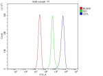 Flow Cytometry analysis of JK cells using anti-LIX1L antibody. Overlay histogram showing JK cells stained with (Blue line). To facilitate intracellular staining, cells were fixed with 4% paraformaldehyde and permeabilized with permeabilization buffer. The cells were blocked with 10% normal goat serum. And then incubated with rabbit anti-LIX1L antibody (1 ug/million cells) for 30 min at 20oC. DyLight 488 conjugated goat anti-rabbit IgG (5-10 ug/million cells) was used as secondary antibody for 30 minutes at 20oC. Isotype control antibody (Green line) was rabbit IgG (1 ug/million cells) used under the same conditions. Unlabelled sample without incubation with primary antibody and secondary antibody (Red line) was used as a blank control.
