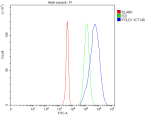 Flow Cytometry analysis of 293T cells using anti-POLD1 antibody. Overlay histogram showing 293T cells stained with (Blue line). To facilitate intracellular staining, cells were fixed with 4% paraformaldehyde and permeabilized with permeabilization buffer. The cells were blocked with 10% normal goat serum. And then incubated with rabbit anti-POLD1 antibody (1 ug/million cells) for 30 min at 20oC. DyLight 488 conjugated goat anti-rabbit IgG (5-10 ug/million cells) was used as secondary antibody for 30 minutes at 20oC. Isotype control antibody (Green line) was rabbit IgG (1 ug/million cells) used under the same conditions. Unlabelled sample without incubation with primary antibody and secondary antibody (Red line) was used as a blank control.