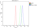 Flow Cytometry analysis of Jurkat cells using anti-SESN2 antibody. Overlay histogram showing Jurkat cells stained with (Blue line). To facilitate intracellular staining, cells were fixed with 4% paraformaldehyde and permeabilized with permeabilization buffer. The cells were blocked with 10% normal goat serum. And then incubated with rabbit anti-SESN2 antibody (1 ug/million cells) for 30 min at 20oC. DyLight 488 conjugated goat anti-rabbit IgG (5-10 ug/million cells) was used as secondary antibody for 30 minutes at 20oC. Isotype control antibody (Green line) was rabbit IgG (1 ug/million cells) used under the same conditions. Unlabelled sample without incubation with primary antibody and secondary antibody (Red line) was used as a blank control.