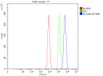 Flow Cytometry analysis of cells using anti-NCOA6 antibody. Overlay histogram showing cells stained with (Blue line). To facilitate intracellular staining, cells were fixed with 4% paraformaldehyde and permeabilized with permeabilization buffer. The cells were blocked with 10% normal goat serum. And then incubated with rabbit anti-NCOA6 antibody (1 ug/million cells) for 30 min at 20oC. DyLight 488 conjugated goat anti-rabbit IgG (5-10 ug/million cells) was used as secondary antibody for 30 minutes at 20oC. Isotype control antibody (Green line) was rabbit IgG (1 ug/million cells) used under the same conditions. Unlabelled sample without incubation with primary antibody and secondary antibody (Red line) was used as a blank control.
