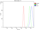 GCLC Antibody MCF-7 FACS. Flow cytometry analysis of permeabilized human MCF-7 cells stained with GCLC Antibody / Glutathione Biosynthesis Antibody demonstrates a pronounced rightward shift of the GCLC-positive population (blue) relative to both the isotype control (green) and unstained control (red). The observed fluorescence shift is consistent with intracellular expression of Glutamate-Cysteine Ligase Catalytic Subunit (GCLC), the catalytic component of the rate-limiting enzyme in glutathione biosynthesis. Detection of GCLC in MCF-7 cells supports its established role in antioxidant defense, glutathione metabolism, oxidative stress adaptation, and cellular detoxification pathways. The observed staining demonstrates the utility of this antibody for flow cytometric analysis of intracellular GCLC expression and studies of redox regulation, cancer metabolism, antioxidant response mechanisms, and glutathione-dependent cellular protection. Cells were fixed with 4% paraformaldehyde and permeabilized prior to staining.