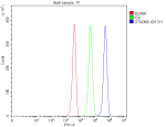 Flow Cytometry analysis of human 293T cells using anti-OTUD6B antibody. Overlay histogram showing 293T cells stained with (Blue line). To facilitate intracellular staining, cells were fixed with 4% paraformaldehyde and permeabilized with permeabilization buffer. The cells were blocked with 10% normal goat serum. And then incubated with rabbit anti-OTUD6B antibody (1 ug/million cells) for 30 min at 20oC. DyLight 488 conjugated goat anti-rabbit IgG (5-10 ug/million cells) was used as secondary antibody for 30 minutes at 20oC. Isotype control antibody (Green line) was rabbit IgG (1 ug/million cells) used under the same conditions. Unlabelled sample without incubation with primary antibody and secondary antibody (Red line) was used as a blank control.