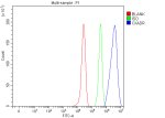 CXADR Antibody Human HepG2 Cell FACS. Flow cytometric analysis of fixed human HepG2 cells stained with CXADR antibody at 1 ug/1Ã10^6 cells (blue). The isotype control is shown in green and the unstained control in red. A distinct rightward shift in fluorescence intensity is observed in the CXADR antibody-stained population compared with both control populations, demonstrating specific detection of endogenous Coxsackievirus and Adenovirus Receptor expression. This result demonstrates that the CXADR Antibody / Coxsackievirus and Adenovirus Receptor Antibody is suitable for flow cytometric analysis of CXADR expression in cultured human cells.