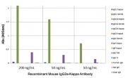 Mouse IgG2a-Kappa Antibody for ELISA Fab Specificity Analysis. ELISA analysis of mouse immunoglobulins demonstrates that clone RM107 selectively recognizes Mouse IgG2a kappa, with strong signal observed for IgG2a kappa across tested concentrations. No cross-reactivity is detected with IgG2a lambda, IgG1, IgG3, IgM, IgA, or IgE, or with human, rat, or goat IgG. The binding profile is consistent with Fab region-directed recognition and confirms selective detection of kappa light chain-containing IgG2a. These results support the use of this Mouse IgG2a-Kappa Antibody for ELISA / Anti-Mouse IgG2a-Kappa ELISA Detection Antibody for highly specific detection in ELISA-based immunoassays.
