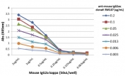 Mouse IgG2a-Kappa Antibody for ELISA Titration Curve. ELISA titration analysis using plates coated with serial dilutions of mouse IgG2a kappa demonstrates strong, concentration-dependent binding of clone RM107 across a broad dynamic range. Signal intensity decreases proportionally with antibody dilution, confirming high sensitivity and consistent binding performance. Detection was performed using an alkaline phosphatase-conjugated anti-rabbit IgG secondary antibody, supporting reliable quantification of Mouse IgG2a kappa in ELISA-based immunoassays.