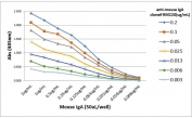 Mouse IgA Antibody for ELISA Titration Curve. ELISA titration analysis using plates coated with serial dilutions of mouse IgA demonstrates strong, concentration-dependent binding of clone RM220 across a broad dynamic range. Signal intensity decreases proportionally with antibody dilution, confirming high sensitivity and consistent binding performance. Detection was performed using an alkaline phosphatase-conjugated anti-rabbit IgG secondary antibody, supporting reliable quantification of mouse IgA / Igha in ELISA-based immunoassays.