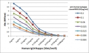 Human Kappa Light Chain Antibody for ELISA Titration Curve. ELISA titration analysis using plates coated with serial dilutions of human IgG4 kappa (50uL per well) demonstrates strong, concentration-dependent binding of clone RM126 across a wide dynamic range. Serial dilution of the primary antibody shows proportional signal reduction with decreasing antibody concentration, confirming high sensitivity and robust binding kinetics. Detection was performed using an alkaline phosphatase-conjugated anti-rabbit IgG secondary antibody, supporting reliable quantification of kappa light chain-containing immunoglobulins in ELISA-based assays.