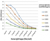 Human Immunoglobulin Light Chains Antibody for ELISA Human IgG4 Kappa Detection Curve. ELISA analysis using Human Immunoglobulin Light Chains Antibody for ELISA clone RM129 demonstrates concentration-dependent detection of the kappa light chain in human IgG4-coated wells. The antibody produces a strong and proportional signal across a range of antibody concentrations, supporting sensitive detection of kappa-containing immunoglobulins. This performance highlights its suitability for ELISA-based quantification of human immunoglobulin light chains in research applications.