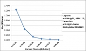 Human IgG1 Antibody Biotin Sandwich ELISA Human Plasma. Sandwich ELISA using human plasma demonstrates that clone RM117 functions effectively as a capture antibody for Human IgG1 / IGHG1, with signal intensity decreasing proportionally with sample dilution, indicating robust and concentration-dependent detection. Captured IgG1 was detected using a biotinylated anti-human light chains (kappa + lambda) antibody (clone RM129), followed by alkaline phosphatase-conjugated streptavidin for signal development. These results reflect the intrinsic performance of the parent clone RM117 antibody and are representative of the binding characteristics retained in the biotinylated format of the Human IgG1 Antibody for ELISA / Biotinylated Anti-Human IgG1 ELISA Detection Antibody.