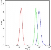 Flow cytometry testing of fixed and permeabilized human A549 cells with SNRPN antibody at 1ug/million cells (blocked with goat sera); Red=cells alone, Green=isotype control, Blue= SNRPN antibody.