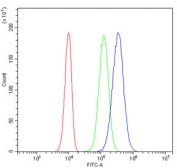 Flow cytometry testing of human PC-3 cells with DDX4 antibody at 1ug/million cells (blocked with goat sera); Red=cells alone, Green=isotype control, Blue= DDX4 antibody.