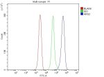 Arginase 2 Antibody Jurkat Cell FACS. Flow cytometry analysis of fixed and permeabilized human Jurkat cells using Arginase 2 Antibody. Cells were blocked with 10% normal goat serum and incubated with the antibody at 1 ug/million cells for 30 minutes at 20Â°C, followed by Fluoro488-conjugated goat anti-rabbit IgG. The histogram shows ARG2 staining (blue), isotype control (green) and unstained cells (red). A strong fluorescence shift is observed with ARG2 staining relative to the isotype control. This Arginase 2 Antibody, also called Mitochondrial Arginase Antibody, detects intracellular ARG2 in human Jurkat cells by flow cytometry for studies of mitochondrial arginine metabolism.