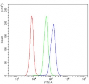 CD4 Antibody for FACS. Flow cytometry analysis of CD4 antibody staining in mouse peripheral blood mononuclear cells (PBMCs) demonstrating detection of CD4 molecule on T helper lymphocytes using a rabbit polyclonal antibody. Lymphocyte-gated cells show a clear CD4-positive population (blue) compared to cells alone (red) and isotype control (green), supporting accurate identification of CD4-expressing T cells for flow cytometry-based rodent T cell profiling and preclinical immune analysis.