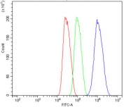 Flow cytometry testing of human HepG2 cells with Nectin 2 antibody at 1ug/million cells (blocked with goat sera); Red=cells alone, Green=isotype control, Blue= Nectin 2 antibody.