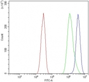 Chromogranin A Antibody for FACS Mouse HEPA1-6 Cells. Flow cytometry analysis of Chromogranin A / CHGA expression in mouse HEPA1-6 cells using Chromogranin A Antibody for FACS at 1 ug per million cells (blue) compared to isotype control (green) and unstained cells (red). The Chromogranin A Antibody for FACS demonstrates a clear right-shifted population relative to controls, supporting detection of CHGA-positive cells in mouse samples. This flow cytometry antibody enables reliable detection of Chromogranin A expression in rodent cell systems.
