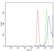 DUSP6 Antibody MAPK Signaling Regulator FACS. Flow cytometric analysis of human HepG2 cells using DUSP6 antibody demonstrates a pronounced rightward shift of the positive cell population (blue) relative to both the isotype control (green) and unstained cells (red), consistent with expression of DUSP6. DUSP6 (Dual Specificity Phosphatase 6) functions as a key negative regulator of ERK/MAPK signaling pathways by dephosphorylating activated ERK proteins and modulating downstream signal transduction. Through this activity, DUSP6 helps regulate cellular responses to growth factor stimulation, differentiation cues, and proliferative signals. The observed fluorescence shift supports the utility of this antibody for flow cytometric detection of DUSP6 expression. Red=cells alone; Green=isotype control; Blue=DUSP6 antibody.