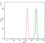 Flow cytometry testing of human ThP-1 cells with Azurocidin antibody at 1ug/million cells (blocked with goat sera); Red=cells alone, Green=isotype control, Blue= Azurocidin antibody.