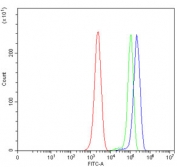Flow cytometry testing of mouse ANA-1 cells with TLS antibody at 1ug/million cells (blocked with goat sera); Red=cells alone, Green=isotype control, Blue= TLS antibody.