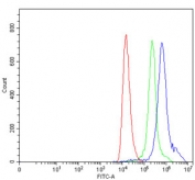 Flow cytometry testing of human HEL cells with TAL1 antibody at 1ug/million cells (blocked with goat sera); Red=cells alone, Green=isotype control, Blue= TAL1 antibody.