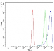Flow cytometry testing of human RT4 cells with URI1 antibody at 1ug/million cells (blocked with goat sera); Red=cells alone, Green=isotype control, Blue= URI1 antibody.