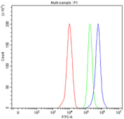 Flow cytometry testing of fixed and permeabilized human ThP-1 cells with GLRX antibody at 1ug/million cells (blocked with goat sera); Red=cells alone, Green=isotype control, Blue= GLRX antibody.