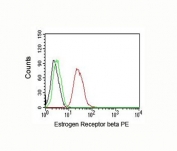 Estrogen Receptor beta Antibody MCF-7 FACS. Flow cytometry analysis of permeabilized human MCF-7 cells using Estrogen Receptor beta antibody shows a clear rightward shift in fluorescence intensity compared to cells alone (black) and isotype control (green), consistent with intracellular detection of ESR2; red histogram represents staining with the PE-conjugated Estrogen Receptor beta antibody (clone ERb455).