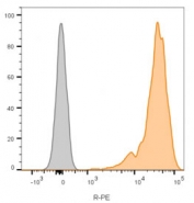 Flow cytometry testing of lymphocyte-gated human PBM cells with CD45 antibody (clone 2B11, orange), and unstained cells (gray).