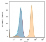 Flow cytometry staining of human Jurkat cells with Transferrin receptor antibody; Red=isotype control, Blue= cells alone and Orange= Transferrin receptor antibody.